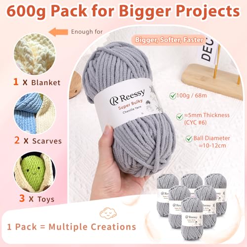 Super Bulky Chenille Yarn – 6 Pack of 100g (Total 600g) - CYC #6 Super Bulky 5mm Thick – Extra Soft Plush Chunky Yarn for Crocheting – Matte Chenille for Baby Blankets, Toys & Hats(Pink) - color: Pink