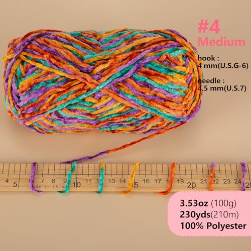 LUCKY BALL Chenille Yarn, 100g/230 yd #4 Velvet Crochet Yarn(PurpleOrange) | 100% polyester #4 medium velvet yarn; 4mm strand; 100g/230 yd; for amigurumi, plushies, hats, scarves, baby crafts - color: 1PurpleOrange