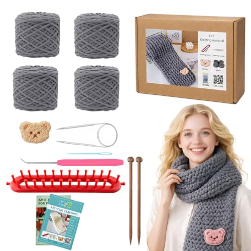 Novelchet Knitting Loom Kit for Scarf, Easy Knitting Set with Instructions | Learn to Knit kit Including Knitting Needles Set Plush Yarn - color: Gray