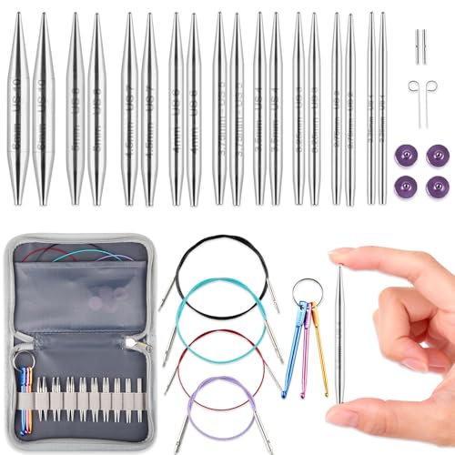Svartur 2 inch Interchangeable Circular Knitting Needles, Stainless Steel Shorties Interchangeable Knitting Needles with 4 Assorted Cables, Storage case - color: Stainless Steel-2in-9 Pairs