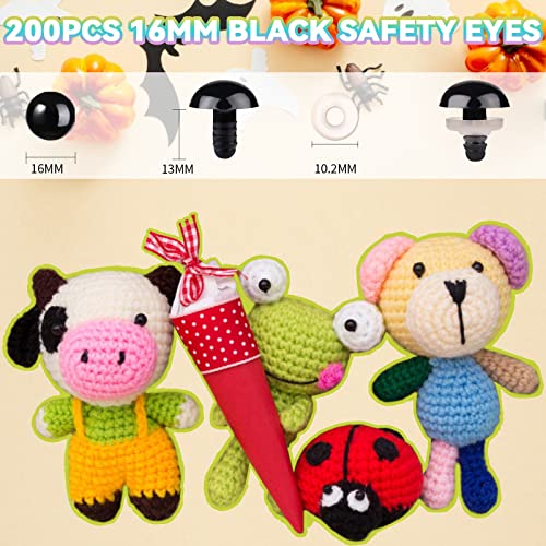 MUCUNNIA 400pcs 16mm Safety Eyes for Amigurumi with Washers Plastic Black Safety Eyes for Crochet Craft Safety Eyes for DIY Christmas Decorations Crochet Stuffed Animals Crafting - size: 16mm