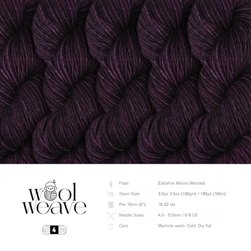 Woolweave Worsted Weight Yarn - 100% Extrafine Merino Wool Yarn for Knitting & Crocheting - Hand Dyed, Ultra-Soft & Warm - 100g Skein, 180 Yards - Machine Washable - color: Java Plum