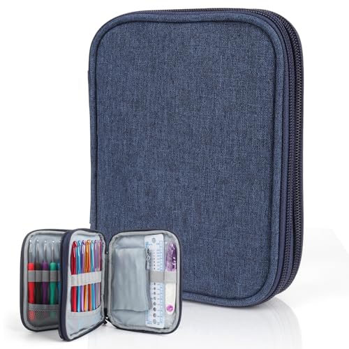 Katech Crochet Hooks Case - Portable Travel Crochets Storage Case Blue | Crochet Hook Holder with Zipper, Web Pocket, and Holders Slots for Various Accessories Crochets Needles - color: Blue
