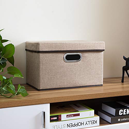 PRANDOM Collapsible Storage Cubes with Lids [1-Pack] Jute Fabric Foldable Storage Boxes Organizer Containers Baskets Bins with Cover for Home Bedroom Closet Office Nursery (14.9x9.8x9.8) - color: Khaki, size: M(1-Pack)