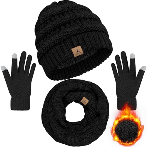 LOROME Winter Beanie Hat Scarf Gloves, Warm Fleece Knit Neck Scarf Set Gift | Hats Gloves Scarf Set, Touchscreen Gloves, Universal Size Neck Scarf Set Winter Gifts for Unisex Adult Winter Wear - color: Black