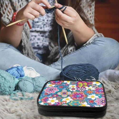 Boho Floral Crochet Hook Case with Web Pockets Knitting Needle Organizer - Portable Crochet & Knitting Storage for Hooks, Needles & Supplies - color: Boho Floral
