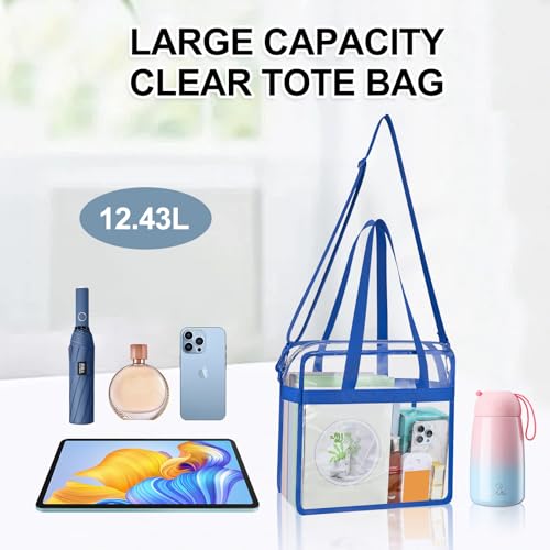 Clear Bag for Stadium Events 12×6×12 Clear Tote Bag | See Through Bag with Removable Shoulder Strap for Concert,Sport,Festival - color: Blue, style: Main Pocket Only