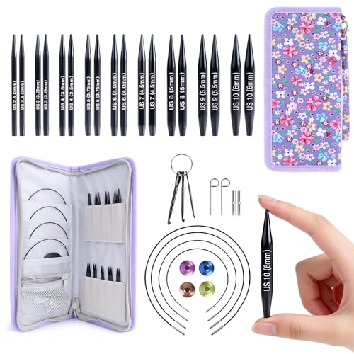 Reessy Short Interchangeable Circular Knitting Needles Set – 2” Aluminum Tips (3.0–6.0mm), 20–40cm Cables – Interchangeable Shortie Needles for Socks, Sleeves & Small Projects - color: black