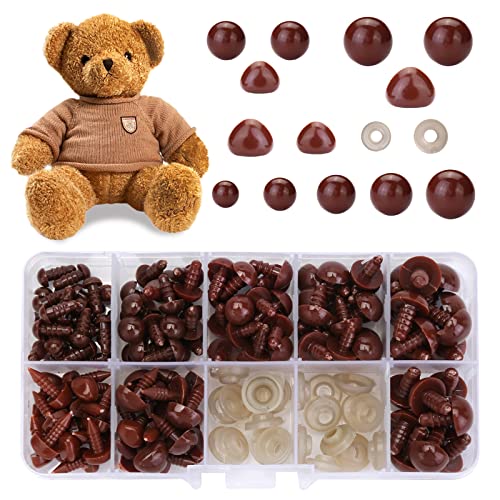 Safety Eyes and Noses for Amigurumi, Brown Plastic Doll Eyes and Teddy Bear Nose with Washers for Crochet Stuffed Animals, Crochet Toy and Teddy Bear for Doll Making Supplies - color: Brown
