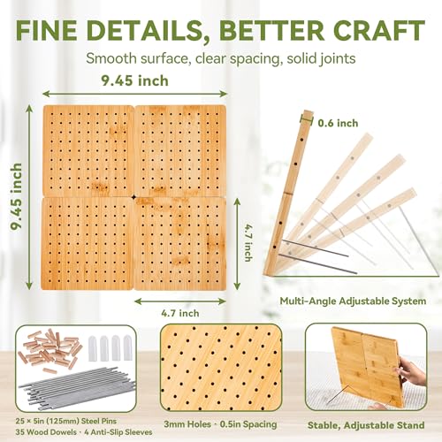 [Oakwooma] Crochet Blocking Board Combo Set, 11.8" Bamboo Board with 20 Pins & 4-Pack 4.7" Assembleable Blocking Boards with 25 Pins, 45 Steel Pegs Total for Granny Square Knitting and Crocheting