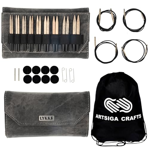 Lykke Driftwood 3.5-inch Interchangeable Circular Knitting Needle Set | Standard US 3, 4, 5, 6, 7, 8, 9, 10, 10.5 Grey Case, Birch Semi-Sharp Tips, Smooth Metal Joins, Swivel Cables, Project Bag - color: Driftwood-with-Grey-Case