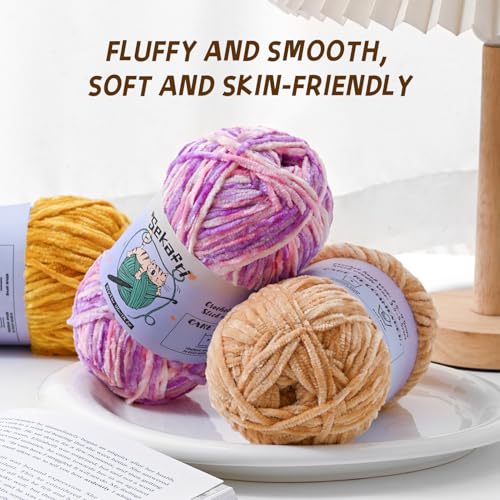 3 Pack of 300g (590yds) Fuzzy Chenille Yarn for Crocheting,Fluffy Amigurumi Crochet Yarn for DIY Craft/Hat/Clothes, Soft Velvet Baby Blanket Yarns（3 Khaki） - color: 3 Khaki