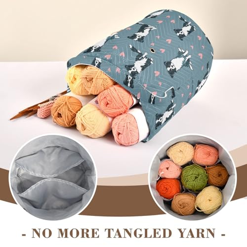 Fustylead Cute Border Collie Dog and Pink Hearts Crochet Drawstring Organizer, Large Yarn Bag Storage Tote Basket for Crocheting On The Go, Kit Holder, Gift for Knitter, Crochet Beginner - color: Blue10 Border Collie Dog