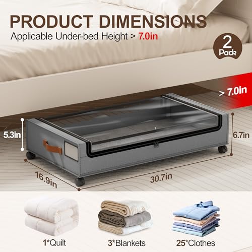 LAMU Under Bed Storage with Wheels, 2Pack Underbed Storage Containers, Grey | Smooth-rolling Wheels, Clear Lid & Label, Sturdy Metal Frame, Easy Install, Rolling Storage Drawers for Clothes, Shoes, Toys - color: Grey, size: 2 Pack