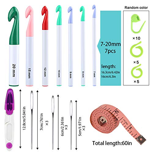 7 Sizes Large Crochet Hooks Set (7mm-20mm) with Large-Eye Blunt Needles | Huge Plastic Crochet Hook Adjustable Knitting Loop for Yarn Weaving Craft Tools - size: 40 Pcs - with storage bag