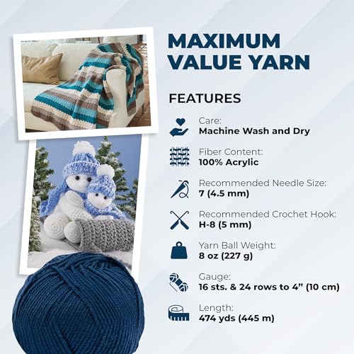 Mary Maxim Maximum Value Acrylic Yarn for Crocheting and Knitting, Soft Worsted Weight Yarn 4, Ideal for Blankets, Sweaters, Hats, and Scarves, 8 oz Skein (474 Yds) (Dark Denim) - color: Dark Denim