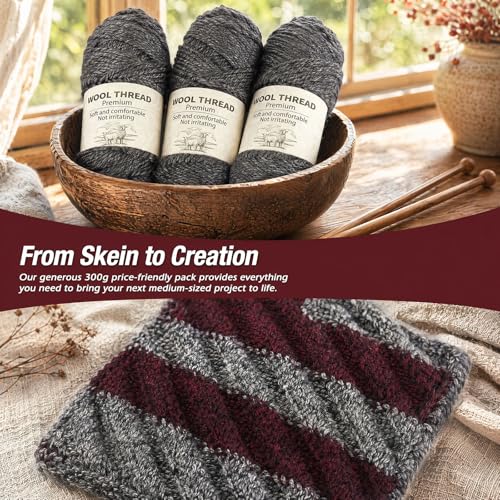 Premium Wool Blend Yarn – 3 Skeins (300g Total), 85% Wool 15% Polyester, for Crocheting&Knitting, Soft Skin-Friendly, Ideal for Scarves, Hats, Blankets & DIY Crafts (26#Dark Heather Gray) - color: 26#Dark Heather Gray