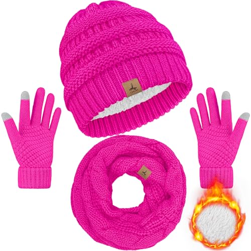 LOROME Winter Beanie Hat Scarf Gloves, Warm Fleece Knit Neck Scarf Set Gift | Hats Gloves Scarf Set, Touchscreen Gloves, Universal Size Neck Scarf Set Winter Gifts for Unisex Adult Winter Wear - color: Rose Red