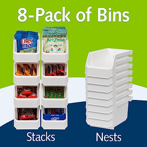 ReadySpace Medium Stackable Plastic Storage Bins, 8-Pack, White | Open-Front Stackable Bins For Garage, Pantry, Closet & Office, 11"L X 5,5"W X 5"H, Nests When Empty, Durable Plastic, - color: White, size: Medium, 8-Pack