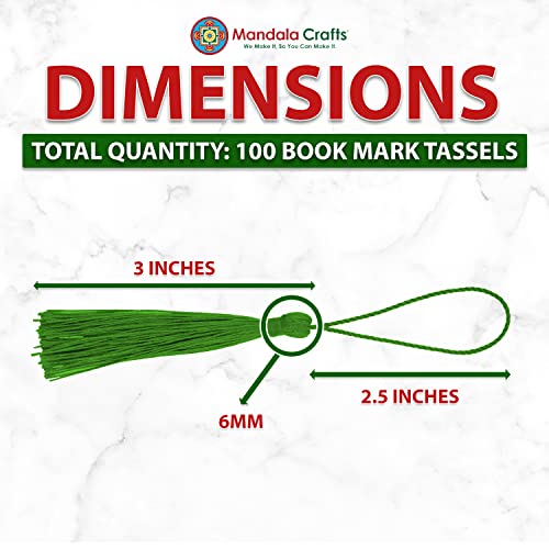 Mandala Crafts 100 Green Silky Bookmark Tassels with Loops for Crafts | Machine Washable, Polyester Mini Craft Tassels for Jewelry Making, Graduation Decorations, Keychains, Gift Tags & Ornaments - color: Green, size: 5.5 Inches