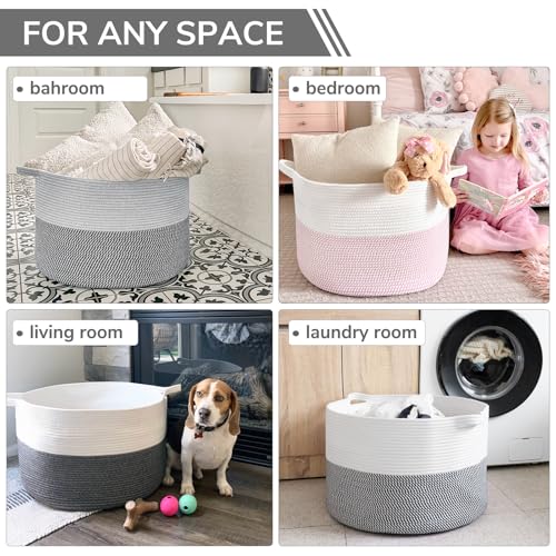 INDRESSME XXXLarge Woven Rope Blanket Basket Living Room Grey, 90L | 21.7" x 13.8" Storage baskets for toys laundry & pillows. Fits living room, bedroom or nursery décor. Soft-touch with handles - color: Light & Dark Grey, size: 21.7"D x 13.8"H