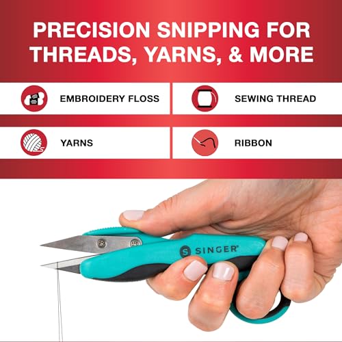SINGER ProSeries™ 5" Thread Snips, Comfort Grip, Sewing & Yarn Cutter | Spring-loaded 5 inch thread snips with fine tips and comfort grip; quickly trim threads and frayed edges, thumb-hole storage