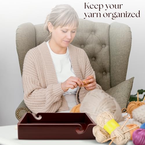 Wooden Yarn Bowl Tray for Knitting & Crochet – Handcrafted Antique Finish Organizer with Swirl Design | Durable Teak Brown Wood Holder for Crochet Hooks & Yarn Balls | Multipurpose Craft Storage Gift - color: Teak Brown 1