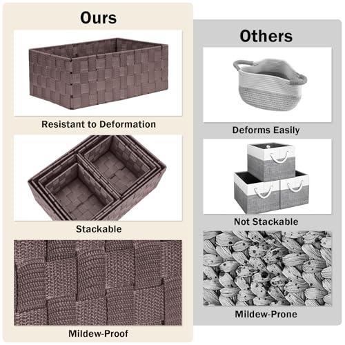 Storage Baskets: 6 Pack Stackable Woven Storage Bins, Brown | Decorative Woven Baskets for Organizing with Built-In Handles for Shelves, Closets, Cabinets and Cubbies, Gift Small Basket - color: Brown, size: 6 pack