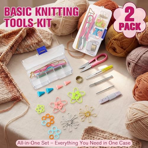 2 Pack New Basic Knitting Tools Accessories Supplie with Case Knit Set Lot | Knitting Supplies Set with Stitch Markers Plastic Sewing Needles Cable Needles for Sewing and Weaving,Includes 182PCS