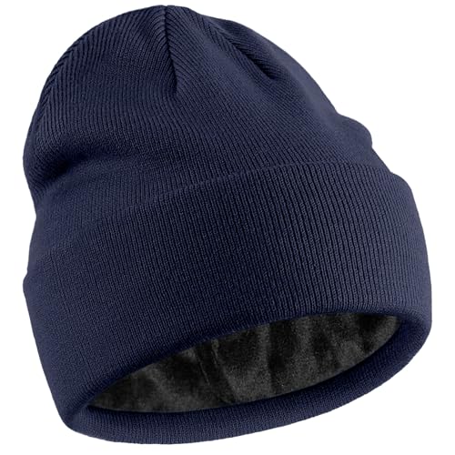Fleece Lined Wool Beanie Hat Men Women, Warm Cuffed Winter Cap | 50% Wool Thermal Knit, Soft Velvet Fleece Liner, Long Style Full Ear Cover Warm Watch Cap, Tall Roomy Crown Skull Cap - color: Navy Blue