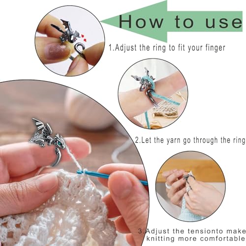 Namifin Crochet Ring for Fingure Adjustable Crochet Tension Ring Yarn Tension Rings Easy Crocheting Crochet Accessories Mother Grandma Thanksgiving Presents - color: 4 PK Dragon