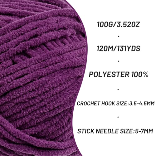 3 Packs Plush Chenille Chunky Crochet Yarn - Baby Yarn for Crocheting Soft - Velvet Yarns Knitting for Blankets Crafts - Fluffy Amigurumi Yarns 300g / 393yd (3 Dark Purple) - color: 3 Dark Purple