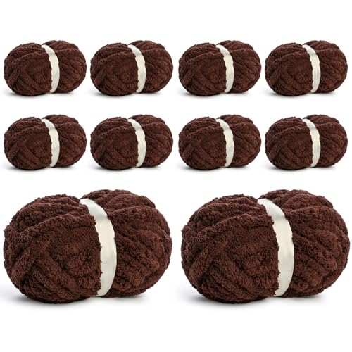 Chunky Jumbo Chenille Yarn #10 Coffee 10 Pack | 200g/22yds Super Bulky Baby Soft Yarn for Hand Knitting Fluffy Chunky Knit Throw Blanket Yarn - color: Coffee