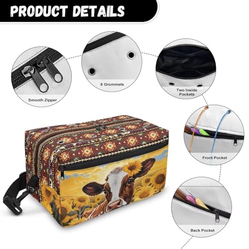 Fuxowvby Sunflower Cow Crochet Bag Tribal Print Yarn Storage Organizer with Adjustable Straps Lightweight Knitting Bag Carrying Case with Holes - color: Sunflower Cow Tribal Print