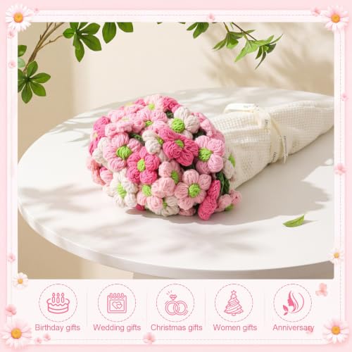 WovWeave Daisy Gifts Basket Set - 43.31 Inch Finished Flower Crochet Knitted Blanket Gift Bag Card Envelope Blanket for Her Mom Girlfriend Women Birthday Wedding Gifts Ideas - color: Pink White, size: 43.31 Inch, style: Daisy