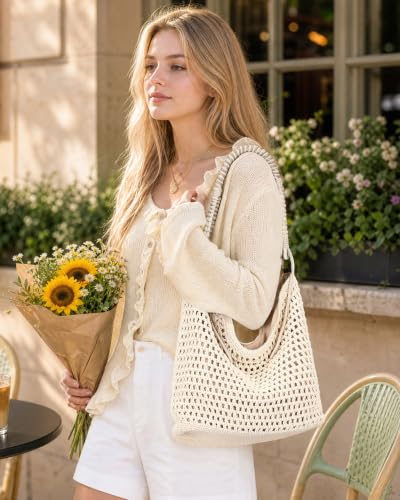 Herald Crochet Beach Hobo Shoulder Purse Tote Bag Handbag for Women | Soft Woven Knit, Bohemian Slouchy Style, Zipper Closure ,Large Capacity, For Daily, Spring Summer Beach Vacation, Travel - color: Beige