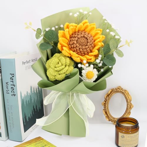 Marvogo Handmade Crochet Flower Bouquet,Crochet Flowers for Loved Ones | Crochet Flower,Crochet Rose, sunflower Finished Artificial Flower Ideal for Lovers, Family and Friends Yellow & Brown - color: Yellow&brown
