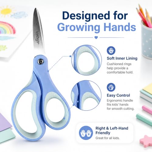 LIVINGO Kids Scissors 6 Inch 3 Pack Soft Blue Mint Green Peach Pink | School Supplies for Age 8-12, Pointed Tip, Stainless Steel Blades, Left & Right Handed Grip, DIY Craft Classroom Use