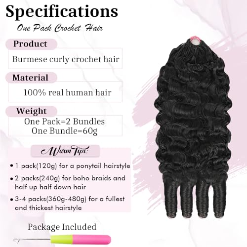 Burmese Curly Crochet Human Hair 120g Knotless Pre-Separated Feather Crochet Human Hair Bundles 14inch Invisible Miracle Knots Reusable Human Crochet Hair For Black Women Natural Black