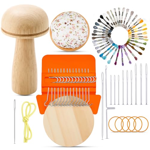 Jexine Mini Darning Mushroom for Socks 14 Hooks Small Speedweve Style Weaving Darning Loom with 9 Pcs Large Eye Needles 50 Colors Thread for Handcraft DIY Weaving Repair Tool(Bright Color) - color: Bright Color, size: 14 Hooks, style: Mushroom
