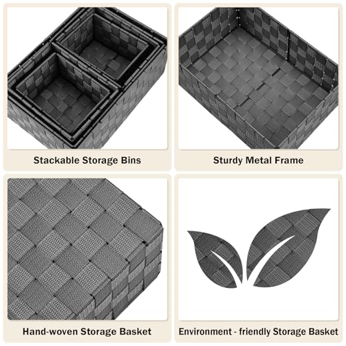 Storage Baskets: 6 Pack Stackable Woven Storage Bins, Black | Decorative Woven Baskets for Organizing with Built-In Handles for Shelves, Closets, Cabinets and Cubbies, Gift Small Basket - color: Black, size: 6 pack