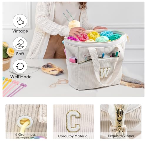 Initial Personalized Corduroy Yarn Bag Tote - Yarn Holder & Crochet Organizer for Hooks, Accessories & Projects - size: J