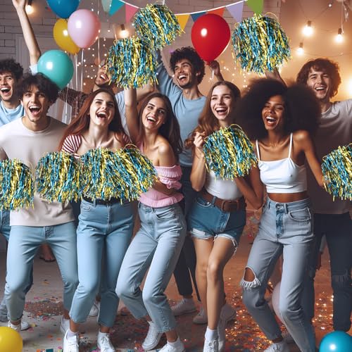 Vinsot 40 Pcs Cheerleading Pom Poms Bulk, Metallic Foil School Spirit Shakers Cheer Pom Poms with Plastic Long Handle for Soccer Basketball Sport Dance Team Squads Fan Celebration - color: Blue Gold Mix