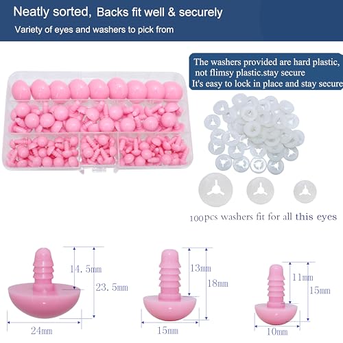Thalinfayi 200pcs 10/15/24mm Safety Eyes and Washers for Amigurumi Crochet | Pink Plastic Crochet Craft Eyes for Stuffed Plush Animals, Crafts, Crochet Doll DIY Making Supplies ; Neatly Sorted by Size - color: Pink