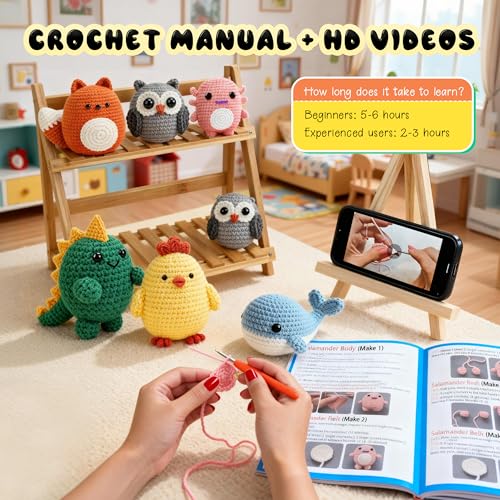 Joyclub Crochet Kit for Beginners 6 Animal Family with Video for Adults | Amigurumi animal with step-by-step video and 40% extra yarn for first projects crochet starter; DIY gifts for adult crafters - color: Colorful Animal