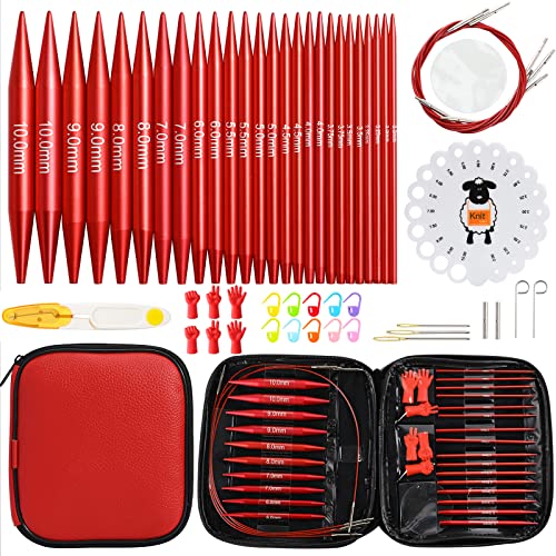 57 PCS Interchangeable Circular Knitting Needles Set, Aluminum Knitting Needles 3.0mm–10.0mm with 4 Cables, Ergonomic Handles & Storage Case, Complete Knitting Kit for Beginners & Advanced Projects - color: New Red