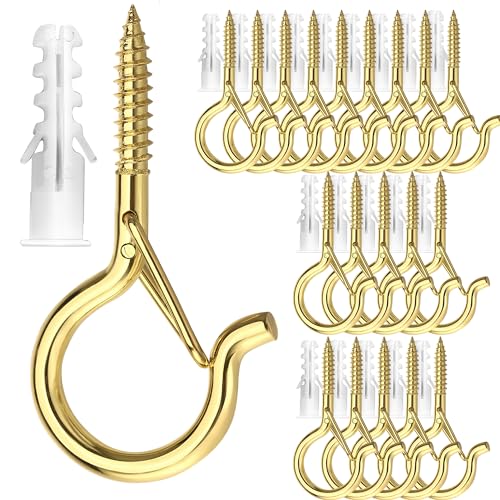 PlusRoc 20 Pack Screw Hooks for Hanging Plants Outdoor Lights(Gold) | Christmas Seasonal Lighting, Heavy Duty 2.2 Inch Eye Hook Cup Ceiling Hook Q-Hanger for Patio, Wall Wood Ceiling Deck Mount - color: Gold