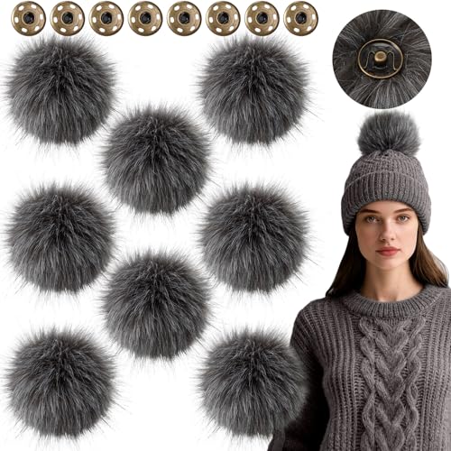 Juinte 8 Pcs 6 Inch Large Fur Pom Pom Balls for Hats Fluffy Faux Fur Pompom Balls with Snap Button for Hat Shoes Scarves Bag Charms DIY Crafts (Dark Gray) - color: Dark Gray