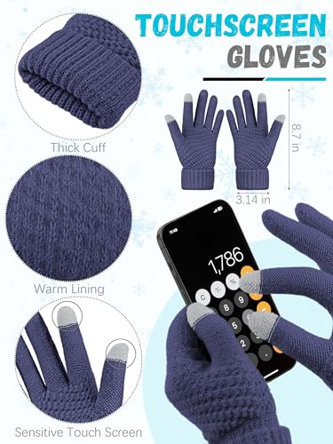 LOROME Winter Beanie Hat Scarf Gloves, Warm Fleece Knit Neck Scarf Set Gift | Hats Gloves Scarf Set, Touchscreen Gloves, Universal Size Neck Scarf Set Winter Gifts for Unisex Adult Winter Wear - color: Denim Blue