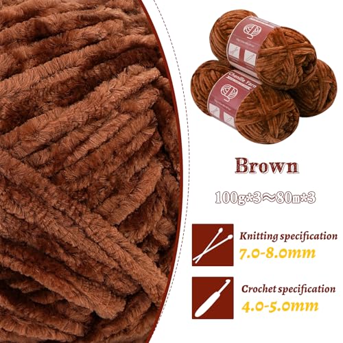 LUNARM Chenille Yarn 3 Pack 3.5oz Chunky Blanket Velvet Yarn 263 Yard | Brown Velvet Chunky Chenille Yarn for Beginners Crocheting Hand Knitting Scarves with Big Eye Needles Machine Washable - color: Brown